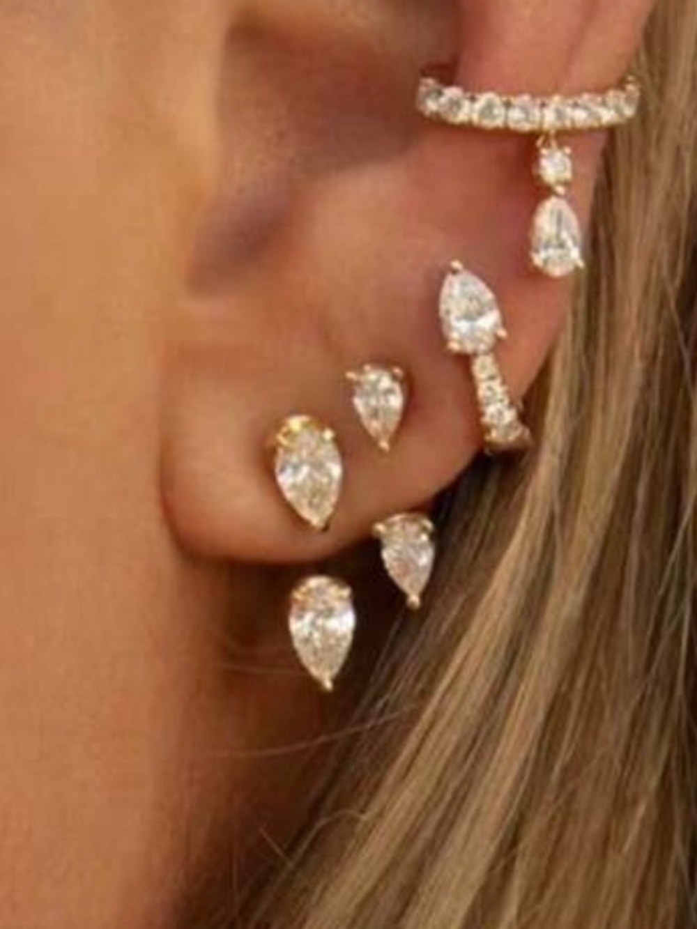 Gold Teardrop Cubic Zirconia Ear Crawler & Stud Set - Women Jewelry